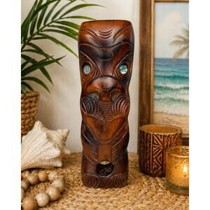 Hand Carved Tiki Mask Kauri Wood New Zealand Maori Style Abalone Eyes 10”